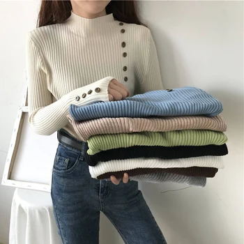 

casual Autumn winter Women Turtleneck Sweater Pullovers long sleeve button chic Sweater Female Slim knit top soft jumper 2020
