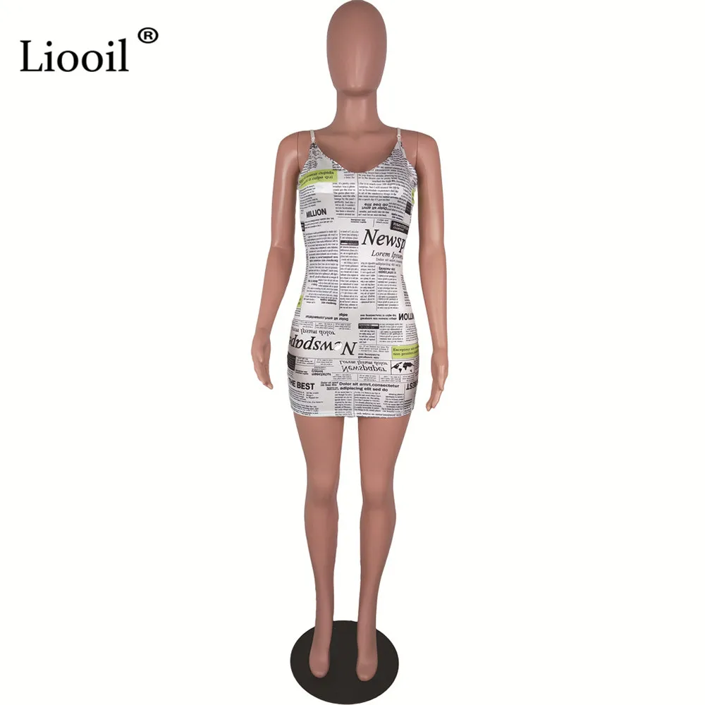 Liooil газетное сексуальное Белое Облегающее мини-платье без рукавов с v-образным вырезом газетный принт облегающие короткие платья женские вечерние ночной клуб