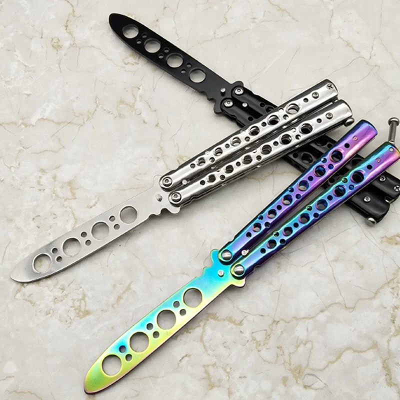 

Titanium Rainbow Color 3Cr13Mov Stainless Steel Knife Butterfly Training Knife Butterfly Knife Game Knife Dull Tool No Edge