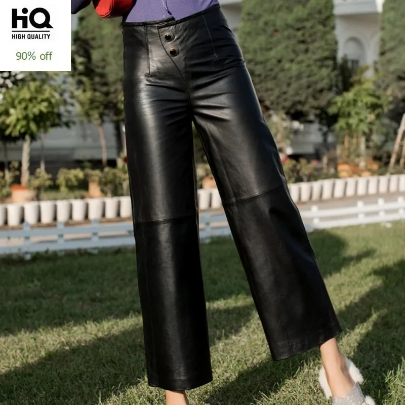 Herfst Winter Hoge Taille Black Womens Wijde Pijpen Broek Mode Casual Losse Echte Lederen Schapenvacht Enkellange Vrouwelijke Plus Size Herfst Winter Hoge Taille Black Womens Wijde Pijpen Broek Mode Casual Losse Echte Lederen Schapenvacht Enkellange Vrouwelijke Plus Size