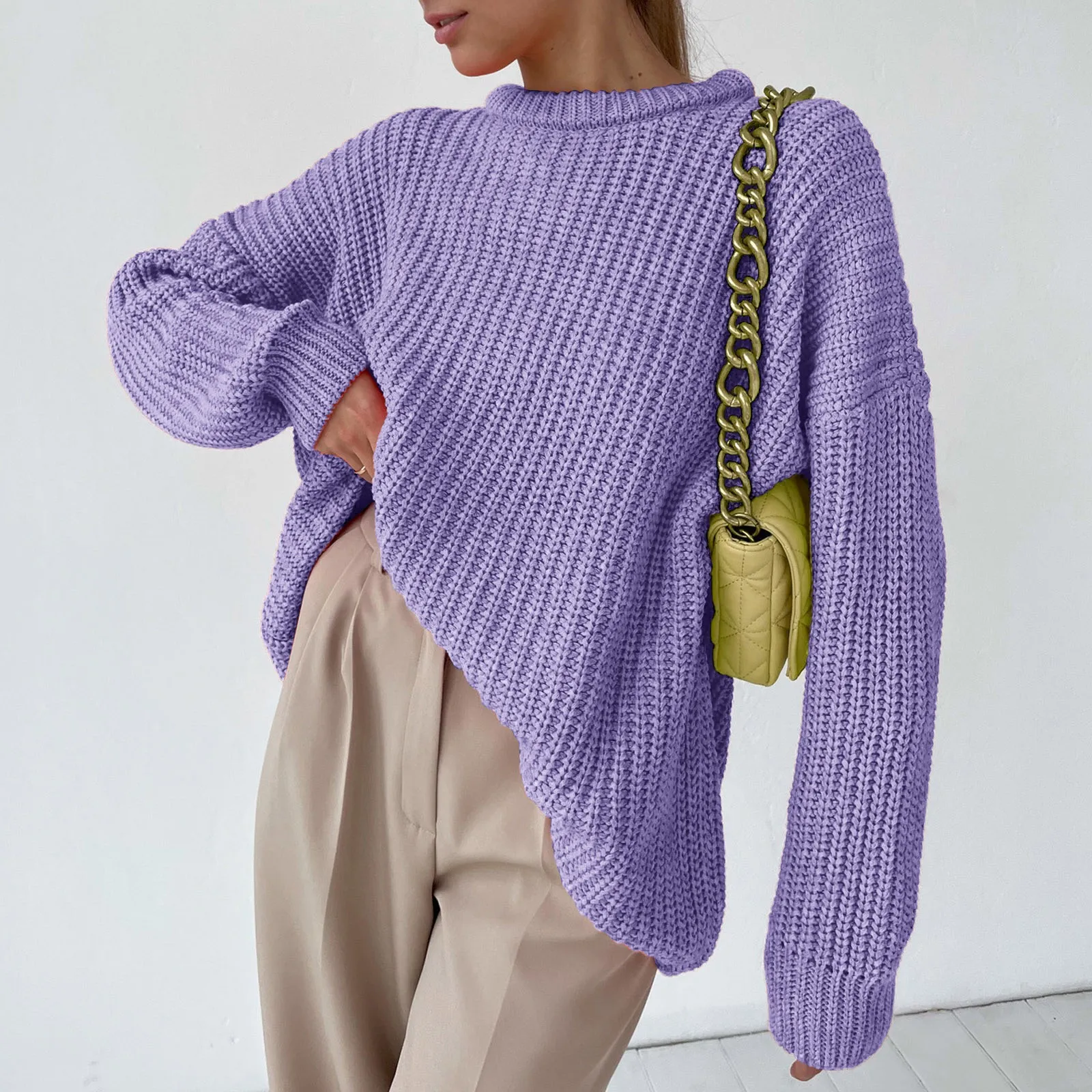 2021 New Fashion Women's Sweaters Autumn Winter Solid Color Long Sleeve Round Neck Knitted Pullover Sweater Femme Loose Jumpers 1