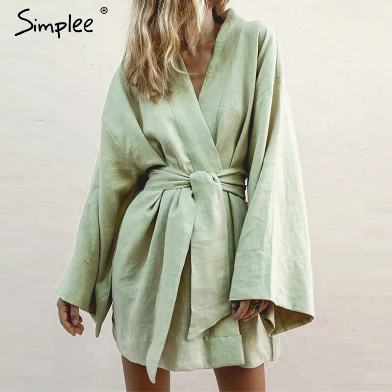 Meilleur Simplee style japonais col en v femmes coton robe solide blanc ceintures robe femme été décontracté vert plage vêtements dame robe 2019