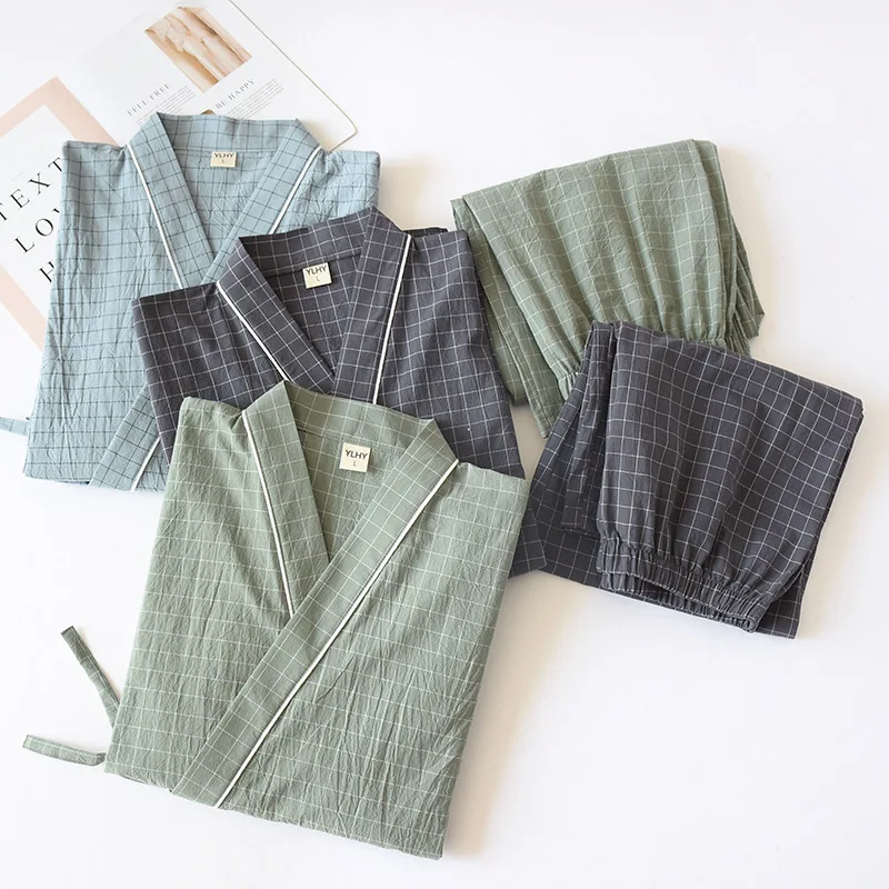 

Men Traditional Japanese Pajamas Set Robe Pants Kimono Haori Yukata Soft Gown Cotton Gauze Green Plaid Print Sleepwear