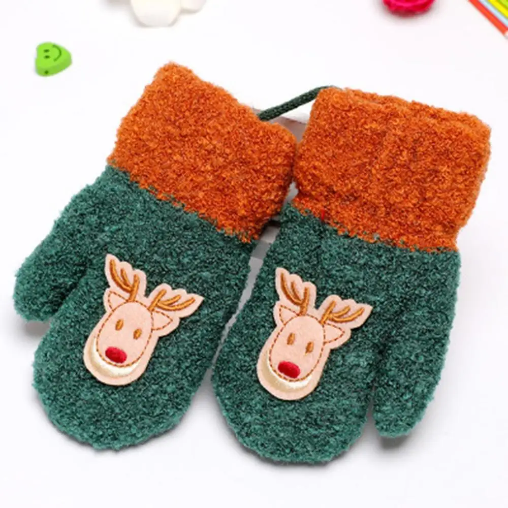 Детские Рождественские Зимние теплые вязаные перчатки с милым принтом оленя, детские толстые перчатки с длинными пальцами, рождественский подарок для детей - Цвет: Армейский зеленый