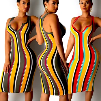 

Women Lady V-Neck Pencil Dress Color Stripe Backless Spaghetti Strap Bodycon Slim Wrap Dress 2019 Summer Beach Sundress
