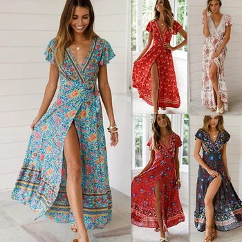 

flower girl dresses 2019 spring summer plus size maxi robe sexy oversized long casual bohemian V neck fork dress