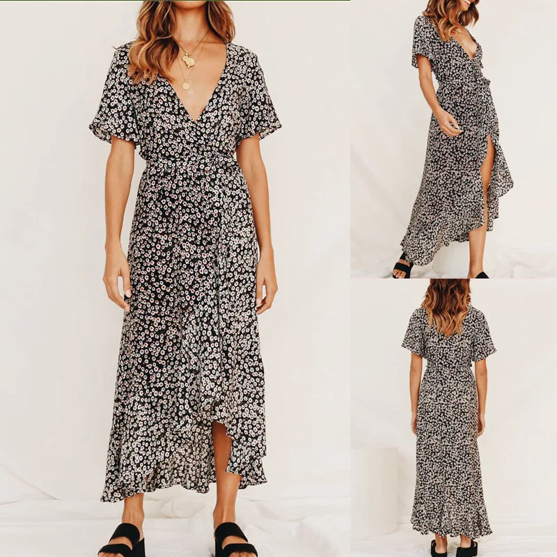 Women Maxi Dress Summer 2019 Ladies Dot Print Dresses Sexy Women V Neck Side Slit Midi Dress Womens Dresses Fall Evening Party Women Maxi Dress Summer 2019 Ladies Dot Print Dresses Sexy Women V Neck Side Slit Midi Dress Womens Dresses Fall Evening Party