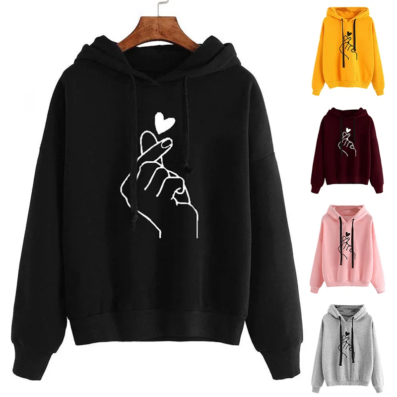  Casual Finger Heart Love Pattern Hooded Sweatshirts Women Hoodies Fashion Drawstring Long Sleeve Fe