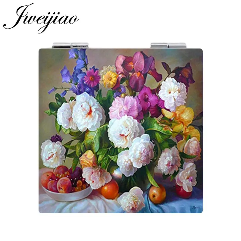 

JWEIJIAO Beautiful Flowers Potted plant Fruit Photo Makeup Mirror Mini Folding Square 1X/2X Magnifying PU Leather Pocket Mirror