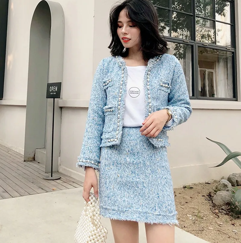 

High Quality Tweed 2 Piece Set Runway Women Long Sleeve Jacket Coat Tops + Tweed Package Hip Skirt Two Piece Set Suits