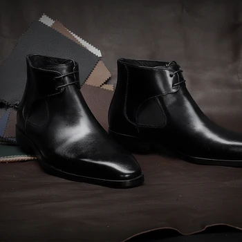 

Men winter Boots Genuine cow leather chelsea boots brogue casual ankle flat shoes Comfortable quality slipon dress boots