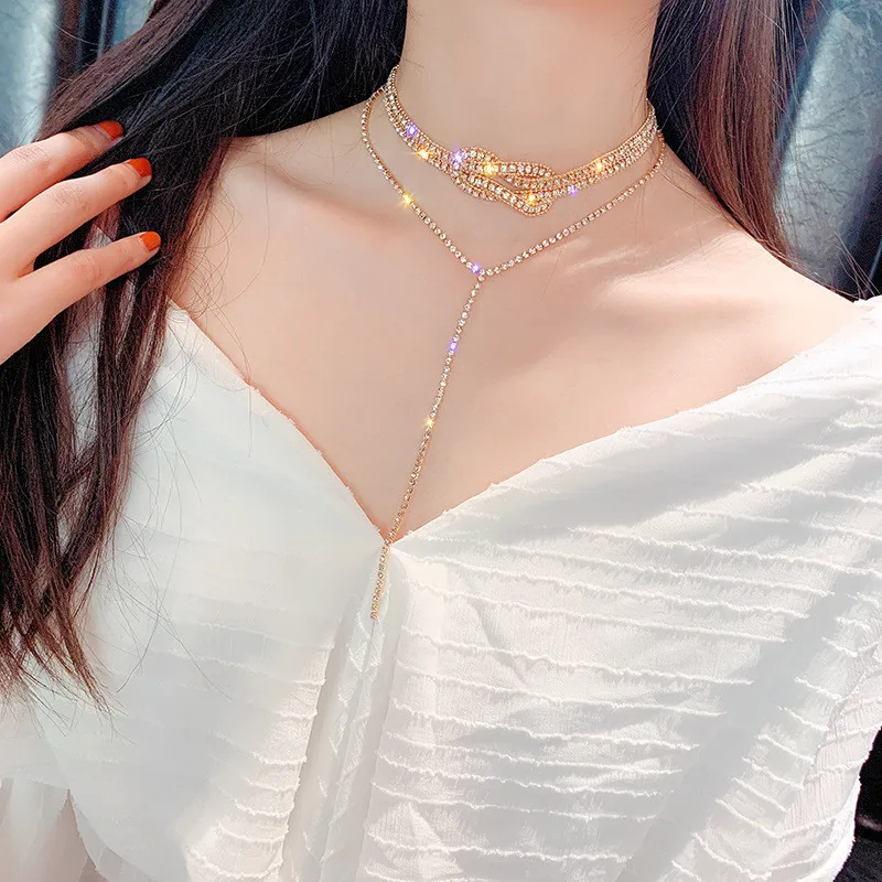 FYUAN длинное ожерелье-чокер стразы s для женщин Bijoux золото серебро цвет кнопка