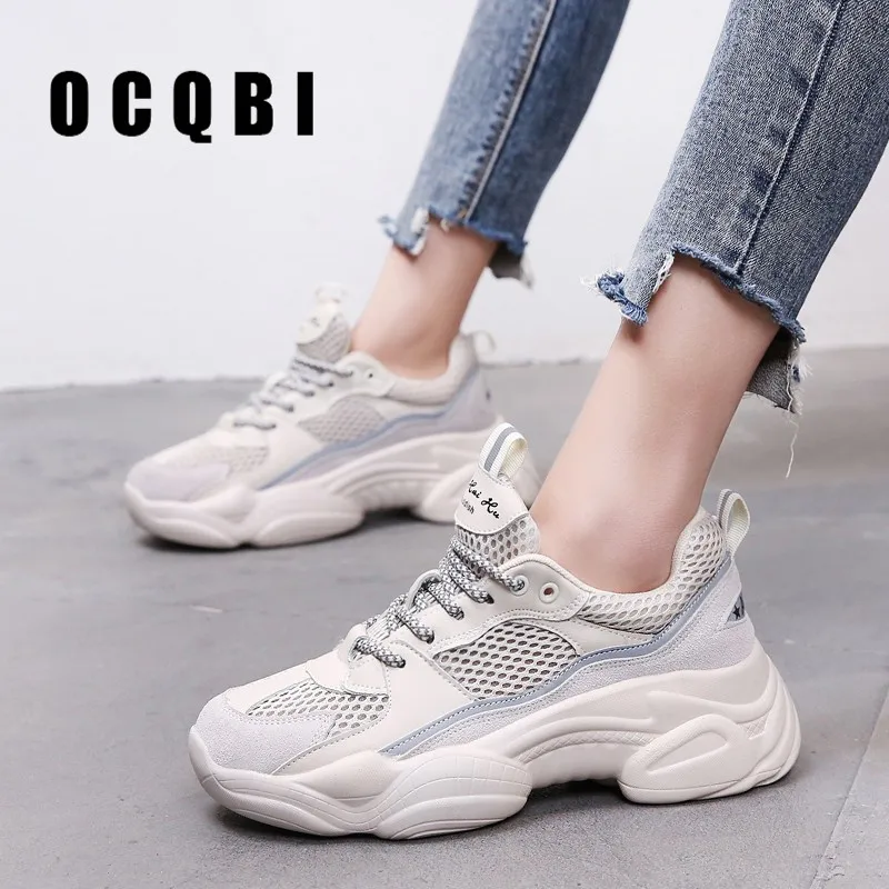 Mujer Spring New Breathable Women's Platform Chunky Sneakers Tenis Plataforma Hollow Lace-Up Flat Thick Sole Shoes