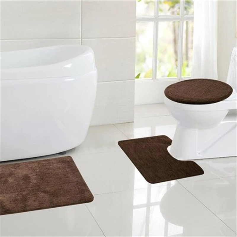 3pc Bathroom Set Rug Contour Mat Toilet Lid Cover Plain Solid Color Bathmats Hot