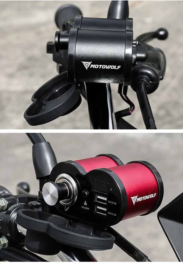 Handlebar Rearview 2in1 Waterproof Metal 2 USB Motorcycle Cigarette Lighter Phone Charger Socket Motorbike Phone Charger Adapter