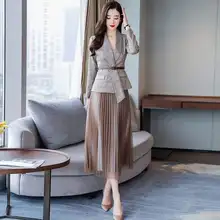 Осенние новые повседневные женские юбки костюмы темперамент Тонкий клетчатый пиджак блейзер Женская плиссированная юбка средней длины костюм из двух предметов