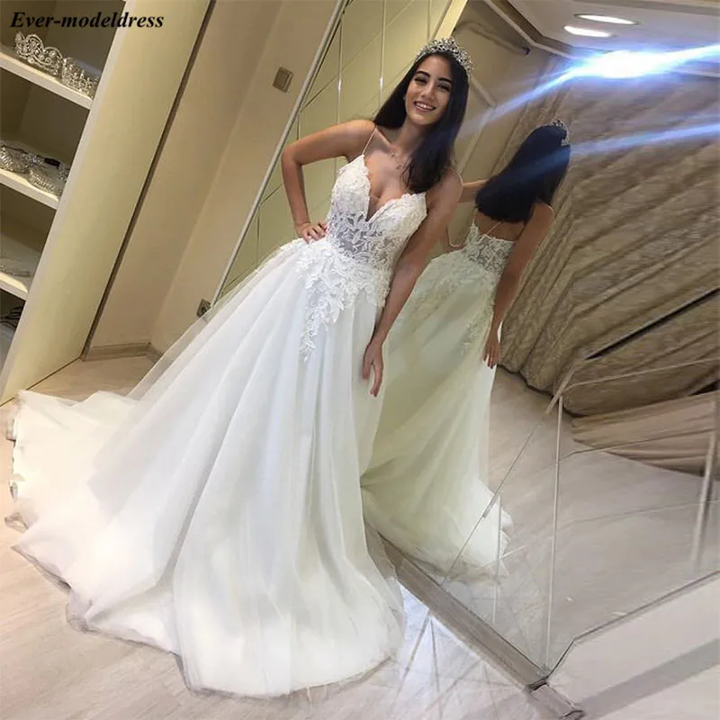 

Lace Wedding Dresses 2019 Appliques Spaghetti Sheer Top Sweep Train A-Line Bridal Gowns Bride Dress Vestidos De Noiva