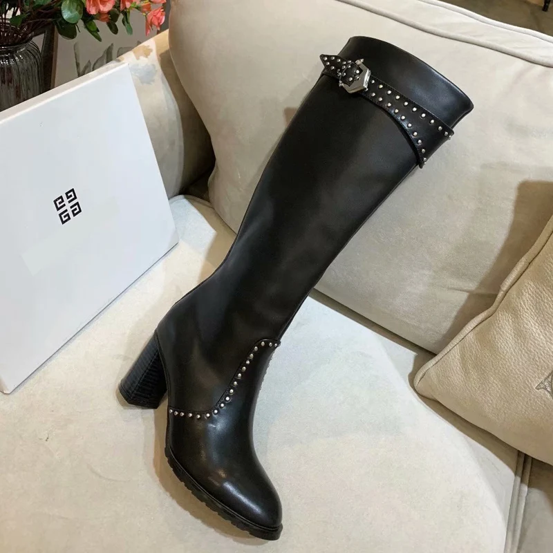 

2020 Latest Rivet Chelsea Boot Women Ankle Boots Winter Booties Genuine Leather Women's High Square Heel Shoes Long Boots