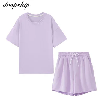 

Dropship Summer Tracksuits Womens Two Peices Set Leisure Outfits Cotton Oversize T-shirts High Waist Shorts Candy Color Clothing
