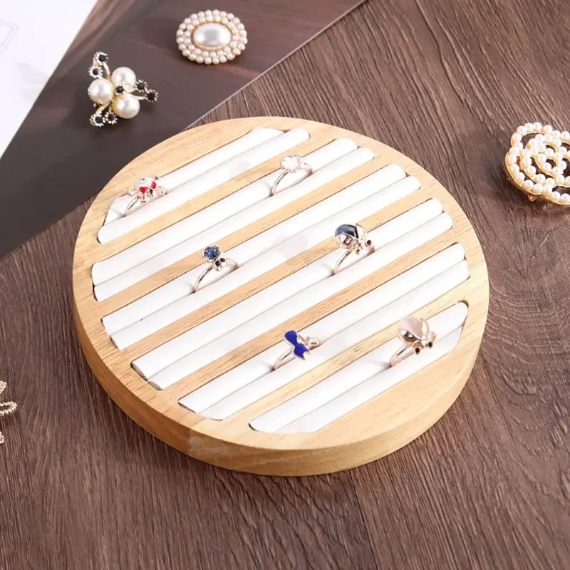 Bamboo Wooden Ring Display Tray Round 6 Long Slot Leather Insert Jewelry Storage T4MD