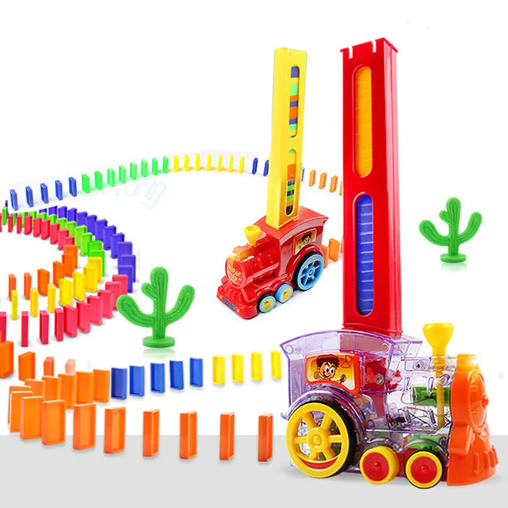 Electric Domino Train Car Vehicle Model With Sound Light Music Domino Blocks Kits Magical Automatic Set Up Colorful Games Toys