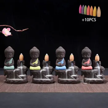 

10PCS Incense + The Little Monk Censer Creative Home Decor Small Buddha Incense Holder Backflow Incense Burner Use Home Office
