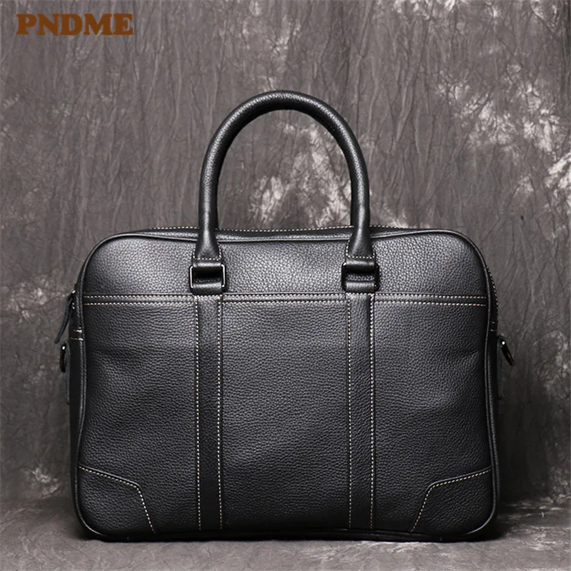 

PNDME business casual genuine leather men's briefcase high quality cowhide office black hand large 15 inch laptop messenger bags