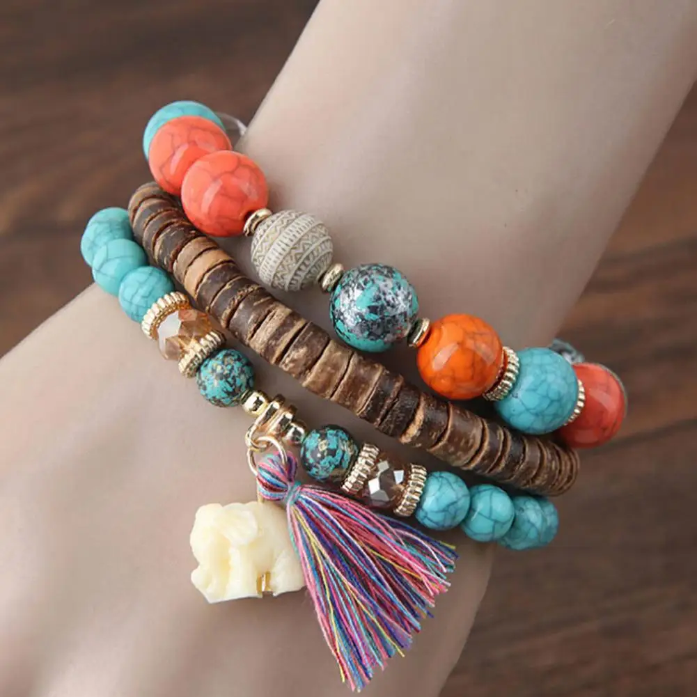 

Bracelets Bohemian Women Elephant Pendant Multi-layer Beaded Bracelet Bangle with Tassel Jewelery New Woman's accesories Bracele