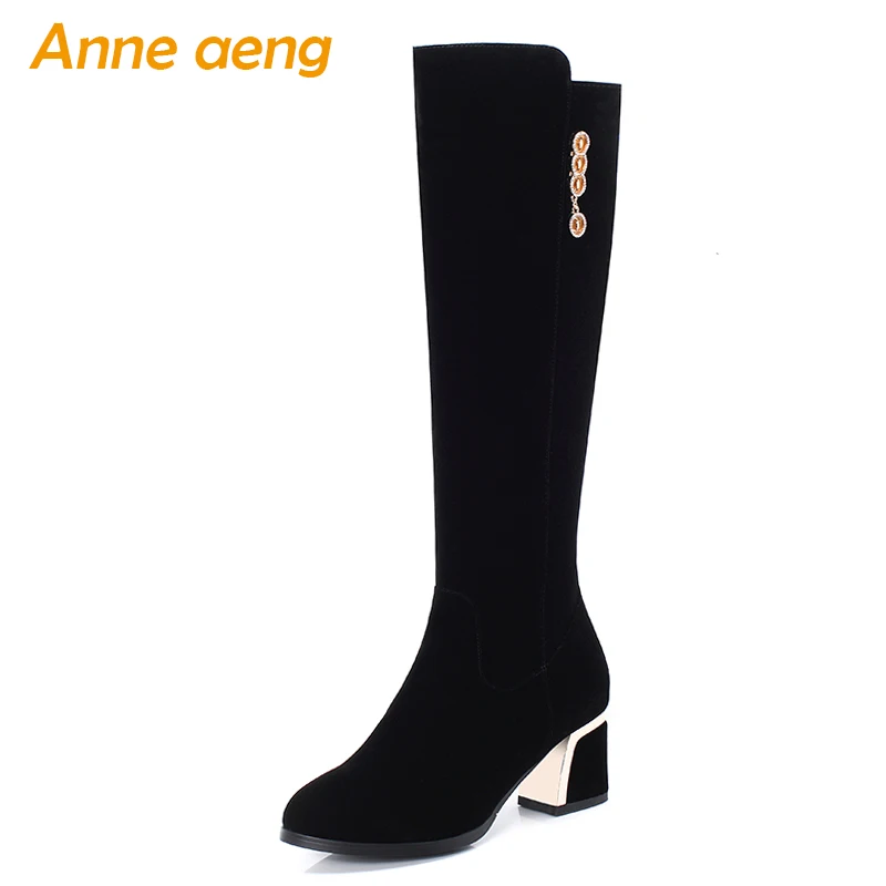 

2019 New Winter Women Knee-High Boots High Heel Round Toe Solid Zipper Metal Crystal Elegant Casual Women Shoes Black Warm Boots
