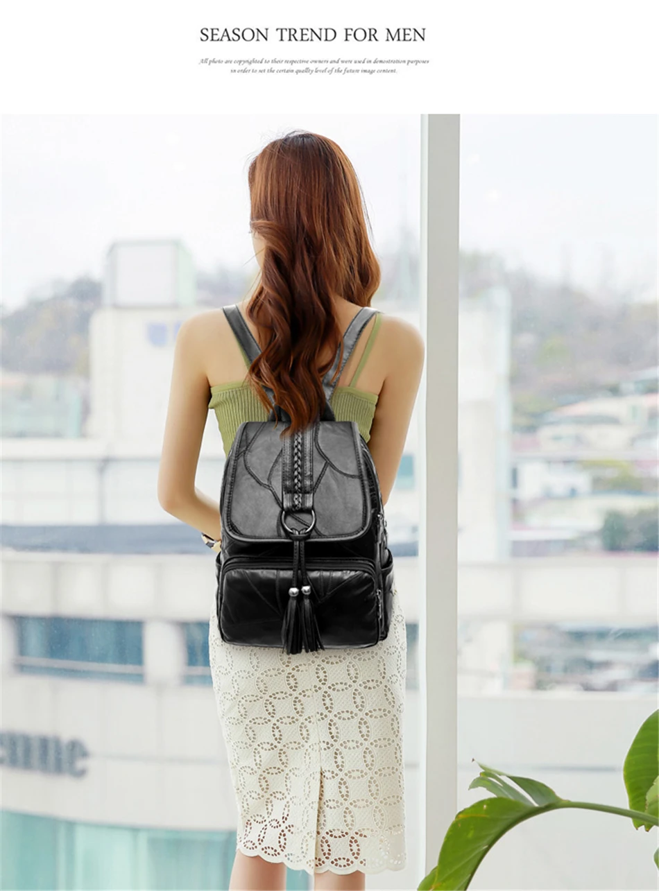 Элегантные женские рюкзаки из мягкой кожи с кисточками, Mochila Feminina, школьные рюкзаки для девочек, большой емкости, черный рюкзак для путешествий