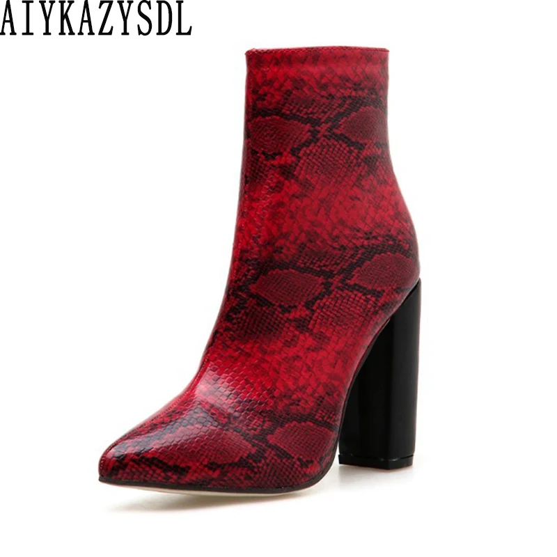 

AIYKAZYSDL Women Spring Autumn Ankle Boots Snake skin Print Thick Block Chunky High Heel Bootie Shoes 2019 Plus Size 40-42
