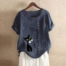 Для женщин большой Размеры льняная блузка Повседневное размера плюс, печатанные кошкой длинный рукав; пуговицы туника рубашка blusas mujer de moda