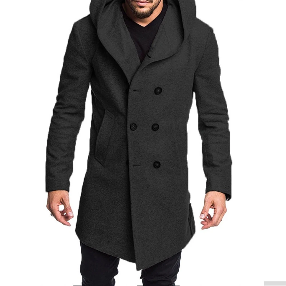 Модели, зимнее модное мужское шерстяное пальто в британском стиле, дизайнерский длинный Тренч на молнии, брендовая одежда, качественное шерстяное пальто с капюшоном для мужчин - Цвет: Black