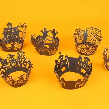 

10 Pcs Halloween Cupcakes With Hollowed Out Decorative Borders Cup Cake Set With Oiled Paper Tray Decorate Baking Packaging Lace