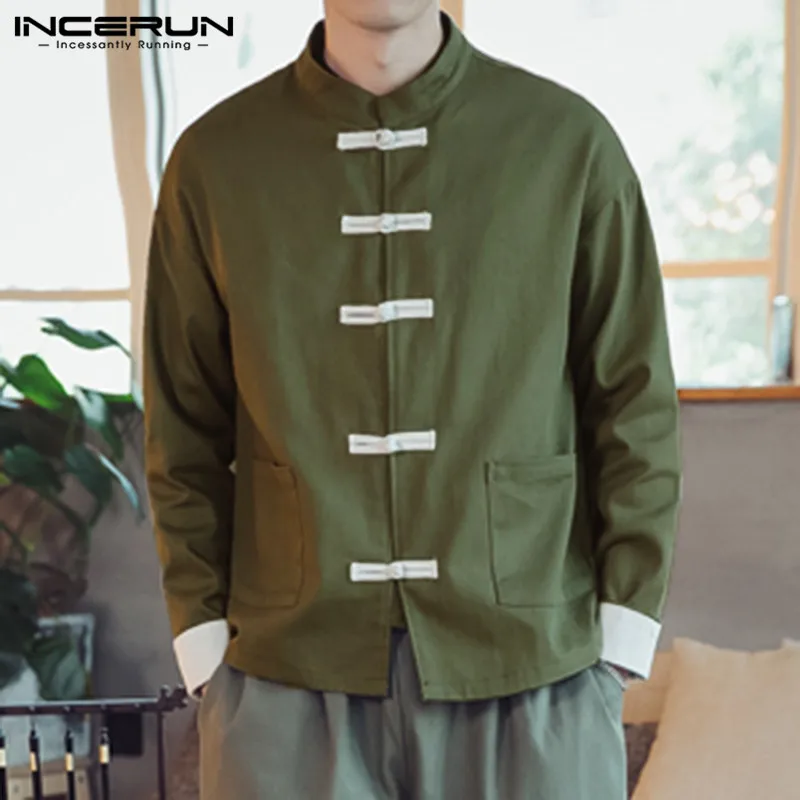 INCERUN Men Shirts Solid Casual Stand Collar Long Sleeve Button Streetwear Chinese Style Vintage Shirt Camisas Hombre S-3XL