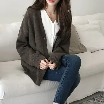 

spring autumn women sweater knitted cardigan college style Korean loose v-neck sweater lazy jacket vintage
