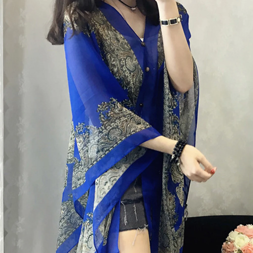 Été femme en mousseline de soie Fabala fleur châle couverture lâche Ups à manches longues chemises mince grande taille écharpe Blouses Protection solaire châle ► Photo 3/6