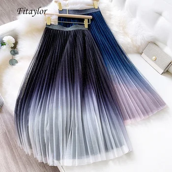

Fitaylor 2020 Spring Tulle Fairy Skirt Women High Waist Pleated Long Skirts Female Slim Sweet Contrast Color A-line Skirt