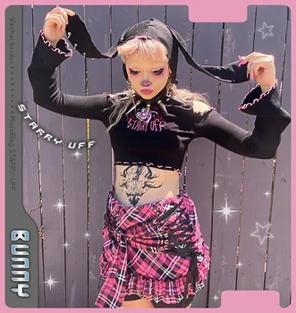 

Original Design Big Rabbit Ear Hoodie Metal Ring Sweatshirt Embroidery Sweet Gothic Crop Top Shirt Girls Clothing