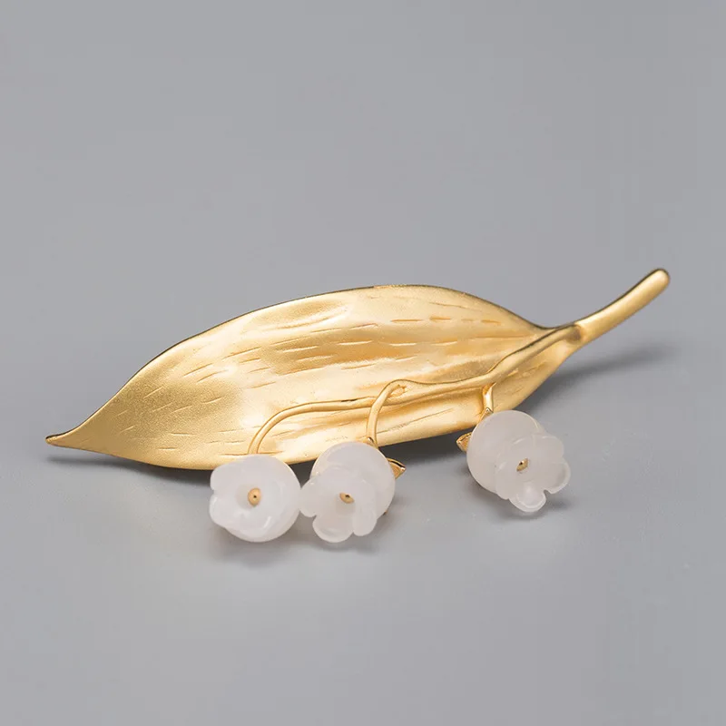 S925 silver retro leaf brooch white Stone Campanula Flower chimes aesthetic Chinese style Jewelry | Украшения и аксессуары