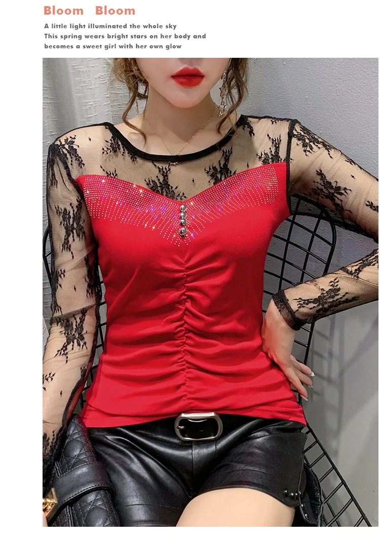 New 2020 Autumn long sleeve Women t-shirts Fashion Sexy hollow out Hot drilling Mesh shirt Plus size womens shirt blusas