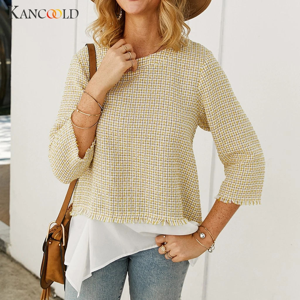 KANCOOLD Fashion Long Sleeved Bell Sleeves Lace Stitching Irregular t Shirt Women's Hollow Slim Rou