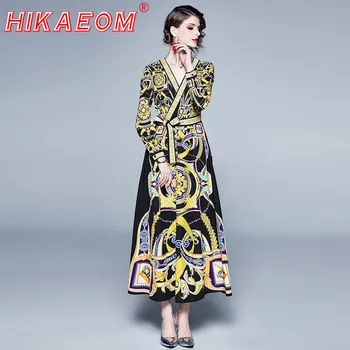 

Autumn Fashion Runway Elegant Maxi Dresses Women's Long Sleeve Charming Sashes Print A Line Holiday Casual Dress 2019