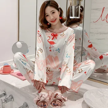 

Party Pajamas 2020 Spring Summer New Women's Silk Long Sleeve Pajamas Set Loose Print Women Sleepwear Set Elastic Long Pants