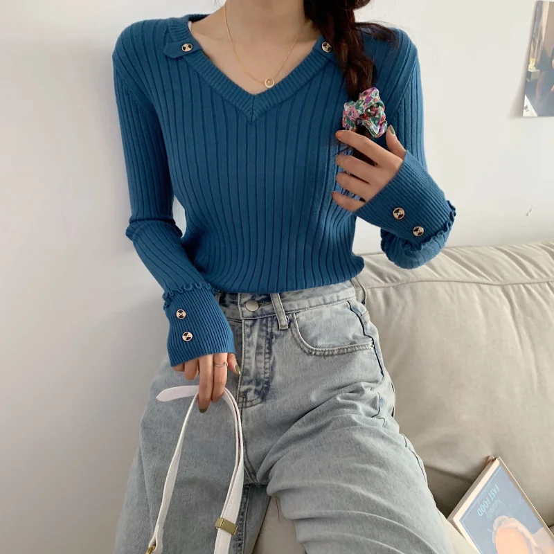 

6 Colors Women Long Sleeve Knitted Sweater Autumn 2020 Korean Slim Pure Color Jumpers Casual Office Pullover Black White Blue