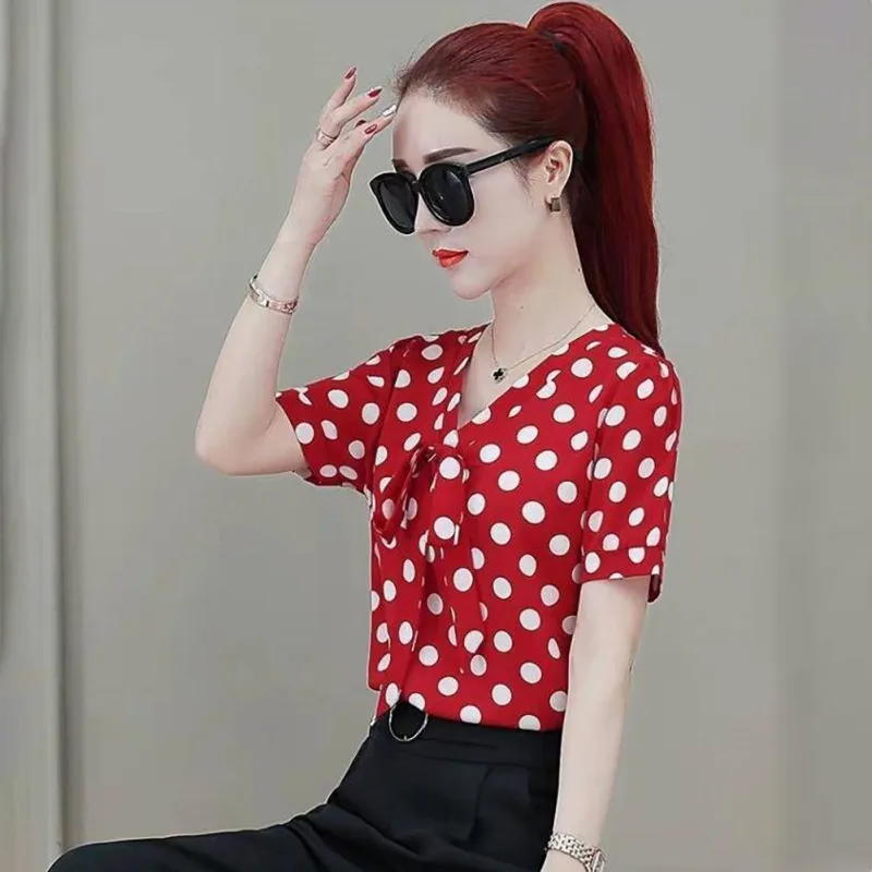 2019 Summer Sweet Slim Women’s Blouse Bow Decoration Polka Dot Chiffon Shirt V-Neck Casual Short Sleeve Women’s Blouse