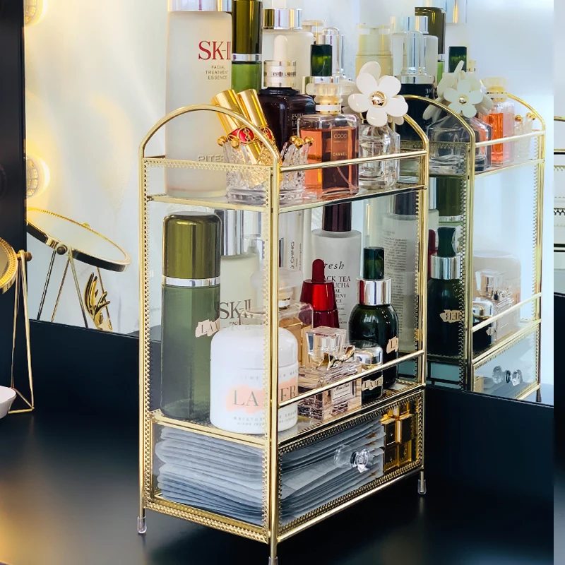 New Arrival Gold Glass Clear Makeup Organizer Perfume Lipstick Cosmetic Storage Display Box Case Stand Rack Holder Organizer