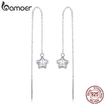

BAMOER Genuine 925 Sterling Silver Shining Star Long Chain Drop Earrings for Women Clear CZ Wedding Engagement Jewelry SCE470