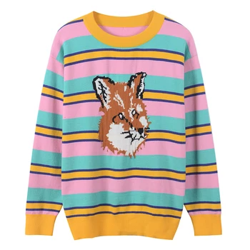 

Runway Striped Patchwork Knitted Sweater Women Autumn Long Sleeve Animal Print Pullovers Jumper Female Fashion Winter Outwear