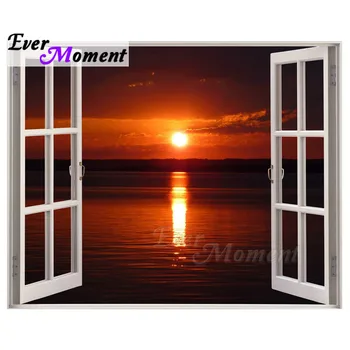 

Ever Moment Diamond Painting Outside Window Setting Sun Above Sea Level Cross Stitch Kits Mosaic Painting Home Decor 5L038